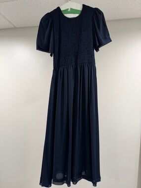Kling Navy Smocked Bodice Puff Sleeve Maxi Dress
